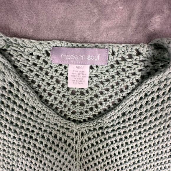 Modern Soul Light Green Open-Knit Sheer Linen Blend Sweater Size Large - Picture 3 of 5
